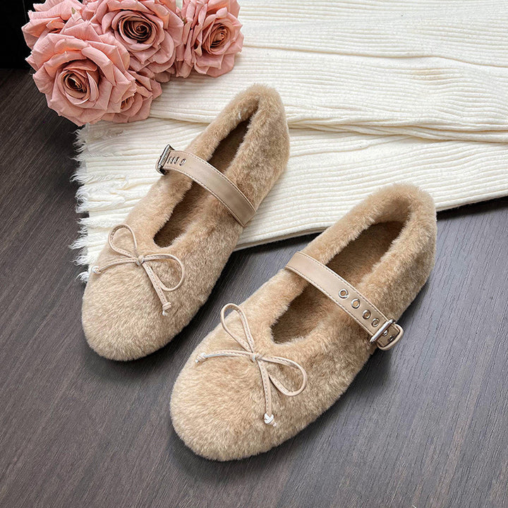 Faux-Fur Loafers Mary Jane Bowknot Inner Height Increase Women's Shoes for Winter