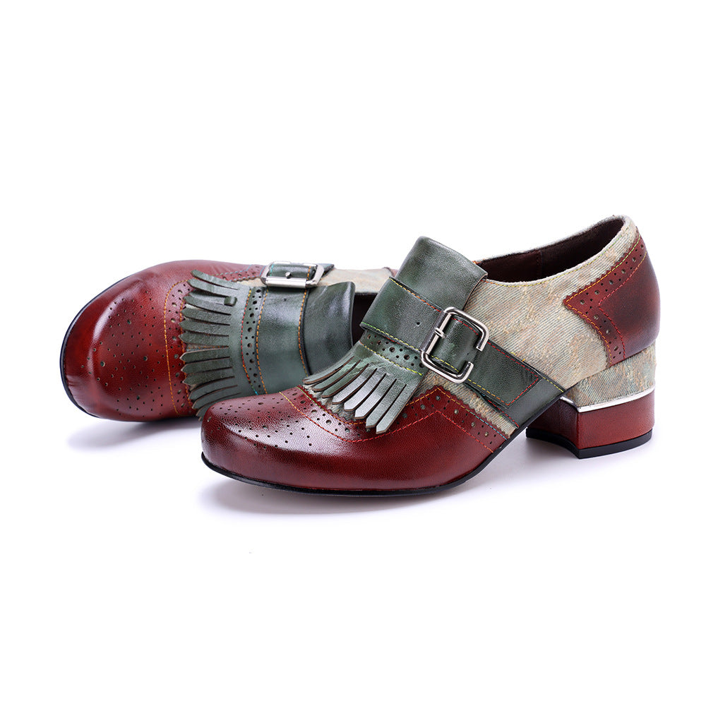 Women's Vintage Kiltie Fringe Block Heel Loafers Jacquard Sheepskin Slip On Shoes