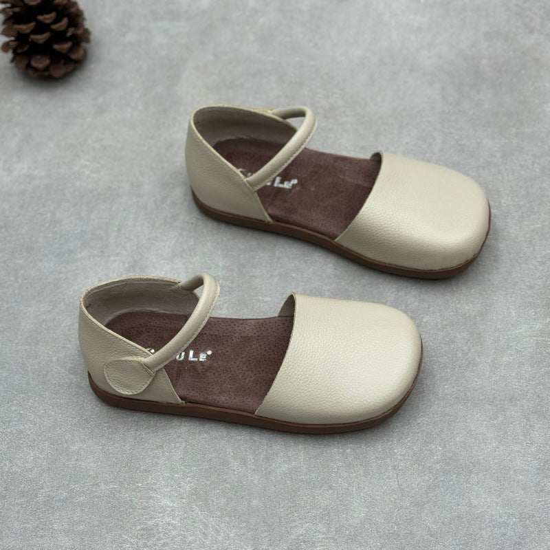 Women’s Retro Leather Closed Toe Sandals – Soft Flat Single Strap Casual Style