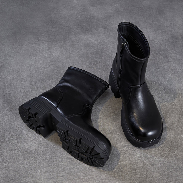 Women's Top-Grain Leather Ankle Boots Chunky Platform Block Heel Side Zipper Booties