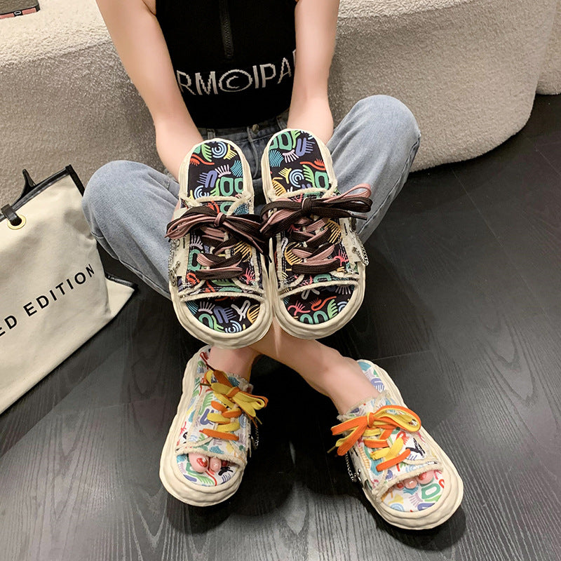 Womens Smile Lace-Up Sneakers Mule Slippers