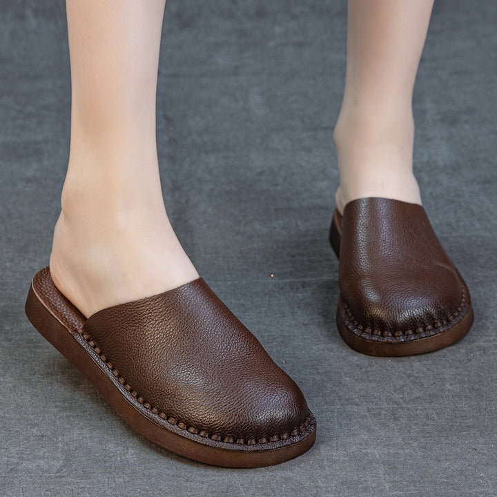 Women's Retro Leather Mule Slippers Vintage Closed Toe Slip-on Platform Slides