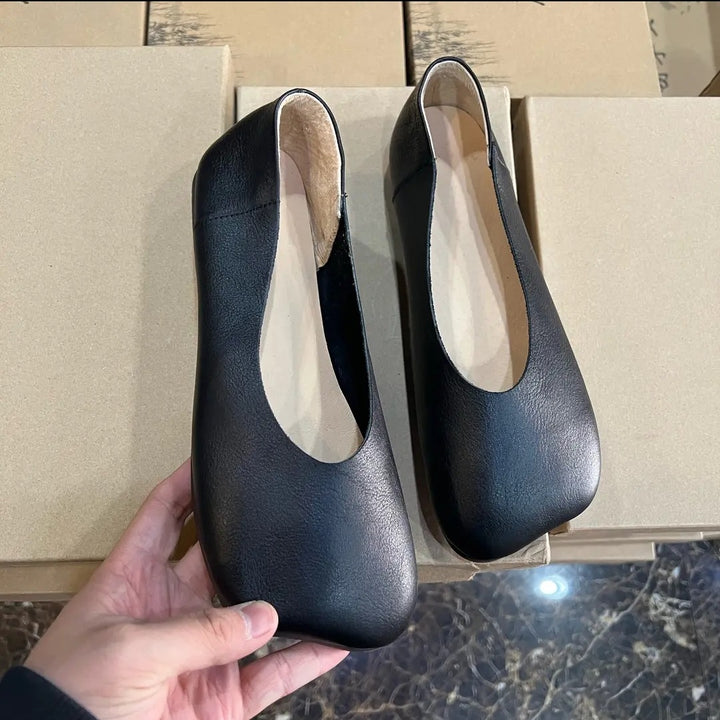 Women's Soft Genuine Leather Ballet Flats - Vintage Square Peep Toe Slip-On Loafers