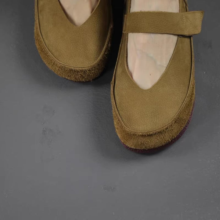 Women's Handmade Leather Patchwork V-Cut Velcro Flats