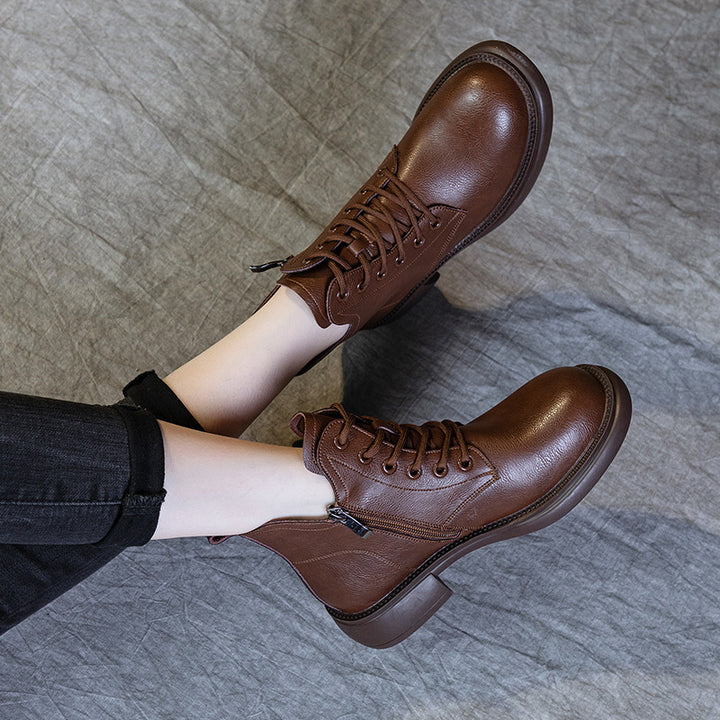 Women's Leather Ankle Boots - Vintage V-Cut Collar Lace-Up Side Zipper Booties Chunky Heel Comfort Shoes