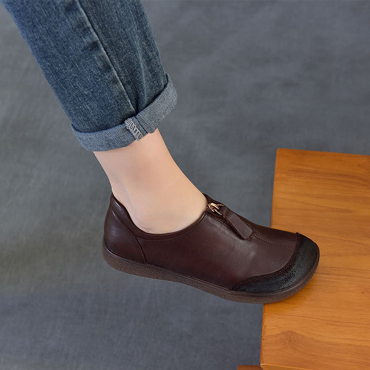 Women's Vintage Leather Slip-On Flats Front Zipper Soft Sole Driving Shoes