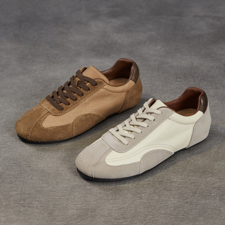 Women's Genuine Leather Retro Sneakers Vintage Lace-up Round Toe Flat Walking Shoes