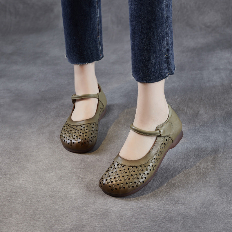 Women's Leather Mary Jane Sandals - Vintage Perforated Cut-Out Closed Round Toe Flat Shoes with Velcro