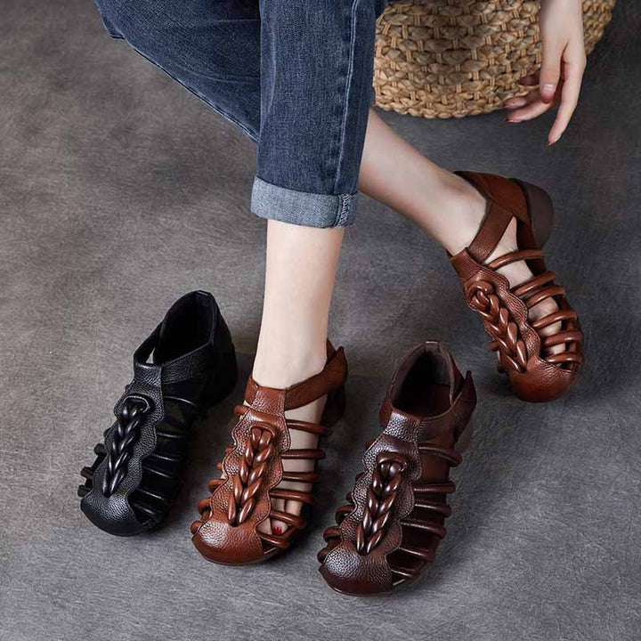 Breathable Leather Summer Sandals for Women - Round Toe Flat Walking Shoes with Velcro Strap