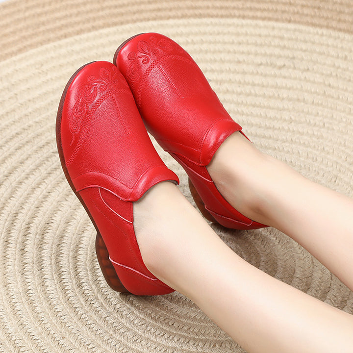 Women's Cowhide Vintage Embroidered Flat Loafers Slip On Walking Shoes
