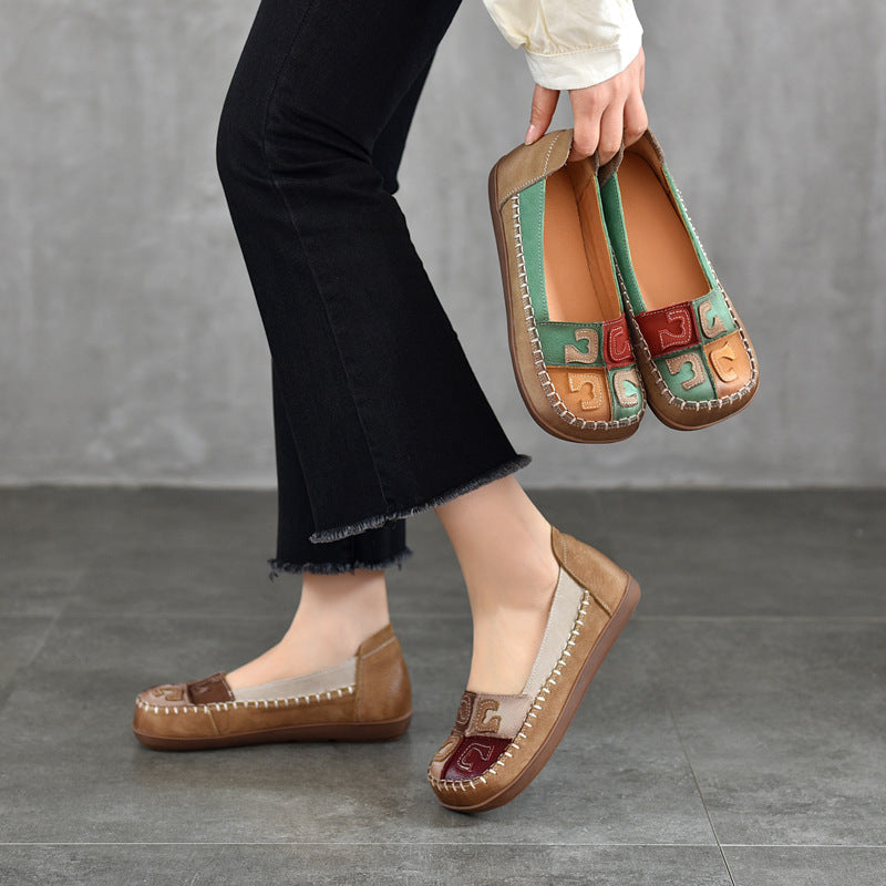 Women’s Retro Handmade Leather Colour-Block Flats – Round Square Toe Soft Sole Shoes