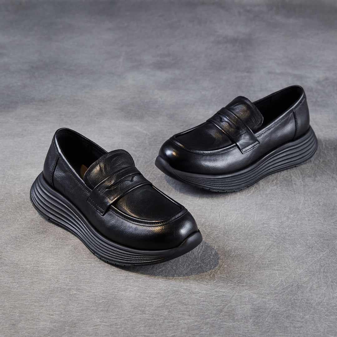 Women’s Leather Slip-On Loafers – Vintage Low Wedge Comfort Shoes