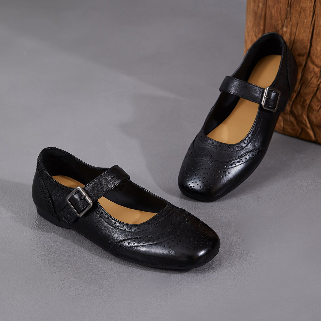 Women's Vintage British Style Leather Mary Janes - Hand-Punched Brogue Details - Soft Walking Shoes