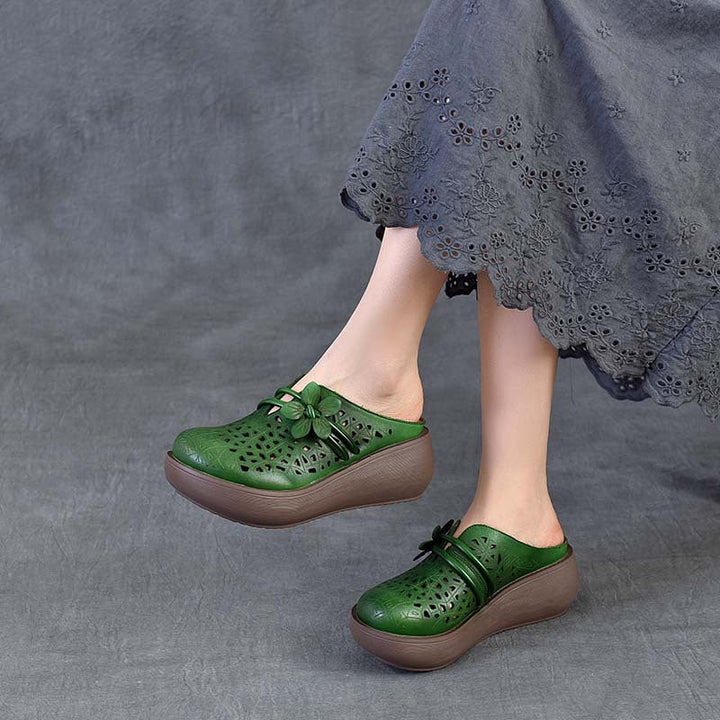 Women's Cowhide Platform Mules - Summer Shoes Breathable Floral Cut-out Sandals