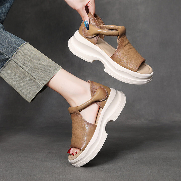 Open-toe Lightweight Leather Chunky Sandals for Women - Platform Summer Slides with Velcro Strap
