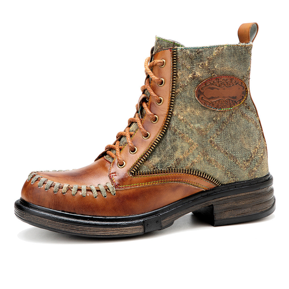 Women's Vintage Distressed Denim Sheepskin Ankle Boots Side Zipper Lace Up Combat Booties