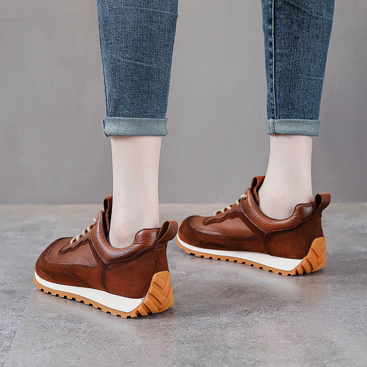 Women's Vintage-Style Mixed Texture Leather Runners - Breathable Cowhide Walking Shoes