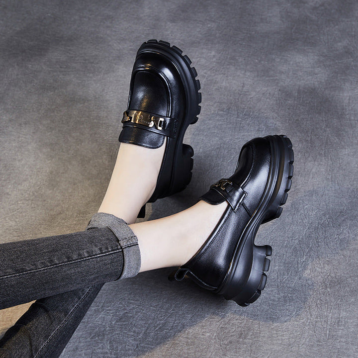 Women's Genuine Leather Platform Loafers - Chunky Heel with Metallic Hardware Details
