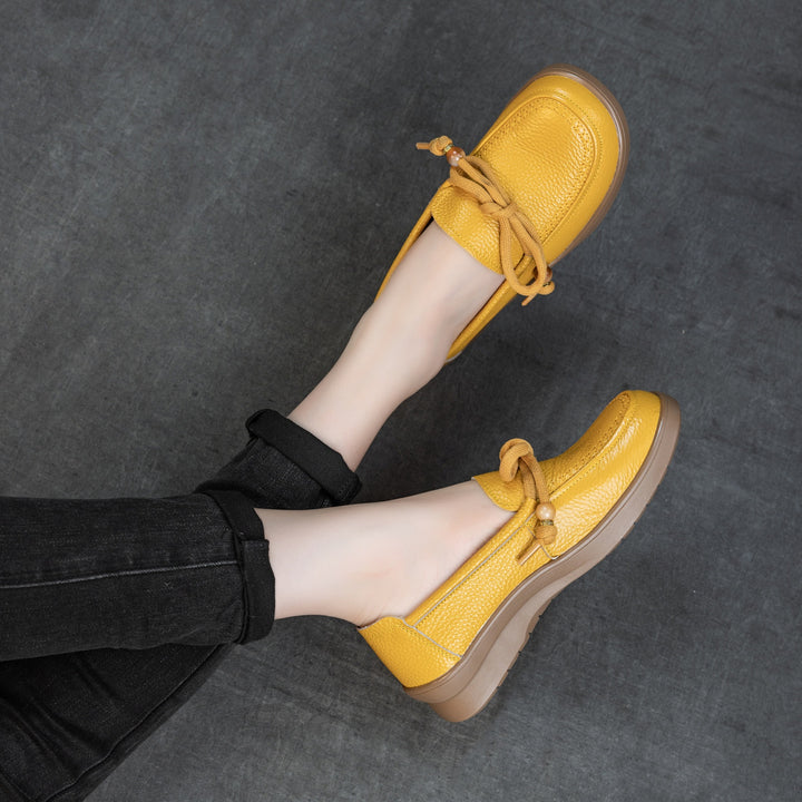 Women's Genuine Leather Loafers Beaded Knot Round Toe Slip On Platform Shoes