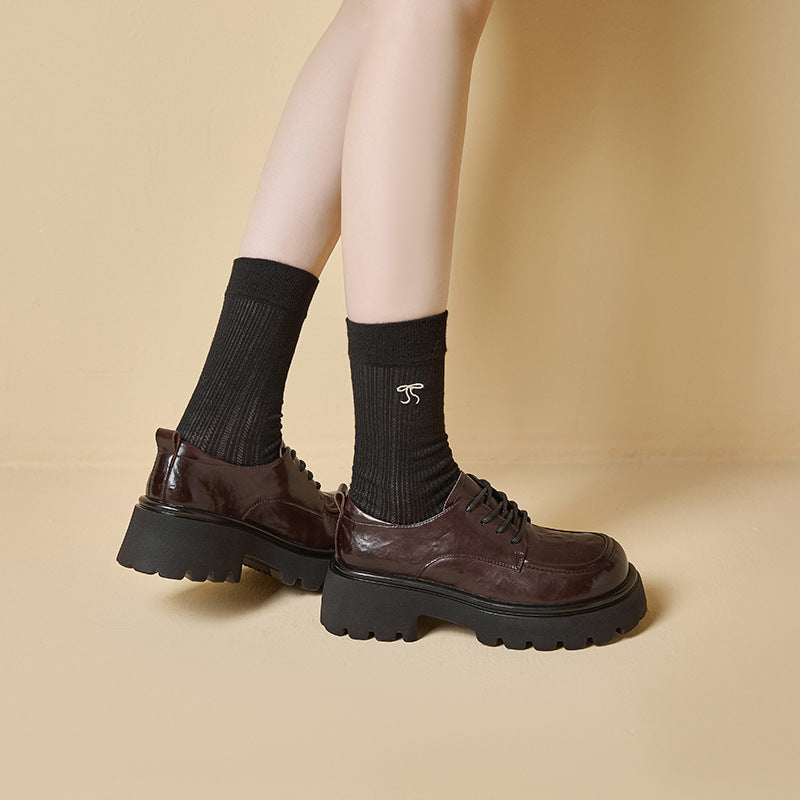 Women's Ruched Leather Oxford Shoes – Casual Chunky Platform Lace-Up