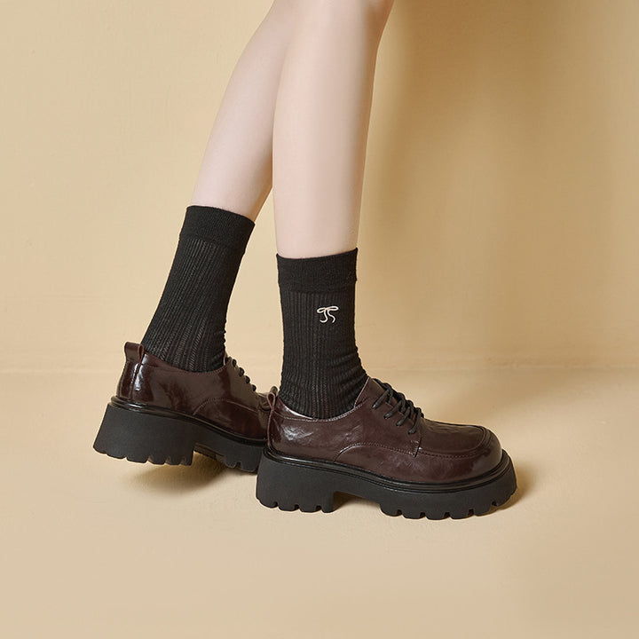 Women's Ruched Leather Oxford Shoes – Casual Chunky Platform Lace-Up