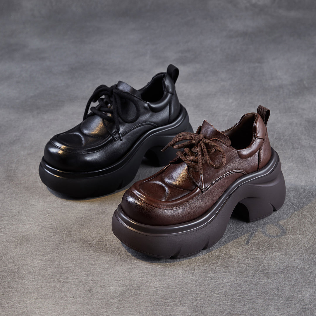 Women's Platform Genuine Leather Oxfords High Chunky Heel Lace Up Casual Shoes