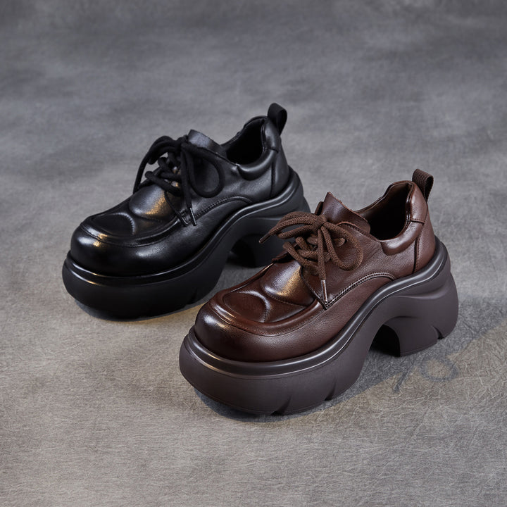 Women's Platform Genuine Leather Oxfords High Chunky Heel Lace Up Casual Shoes