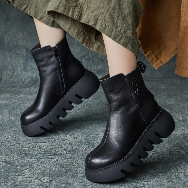 Women's Vintage Cowhide Platform Ankle Booties Round Toe Rubber Sole Winter Boots