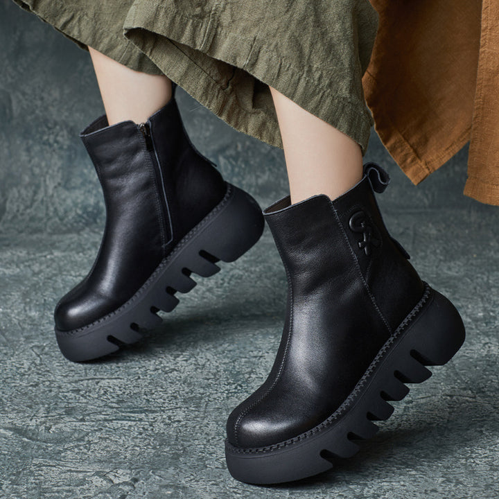 Women's Vintage Cowhide Platform Ankle Booties Round Toe Rubber Sole Winter Boots