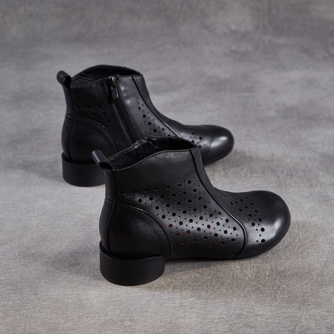 Women’s Summer Breathable Cut-Out Leather Boots – Retro Mid Heel Sandals