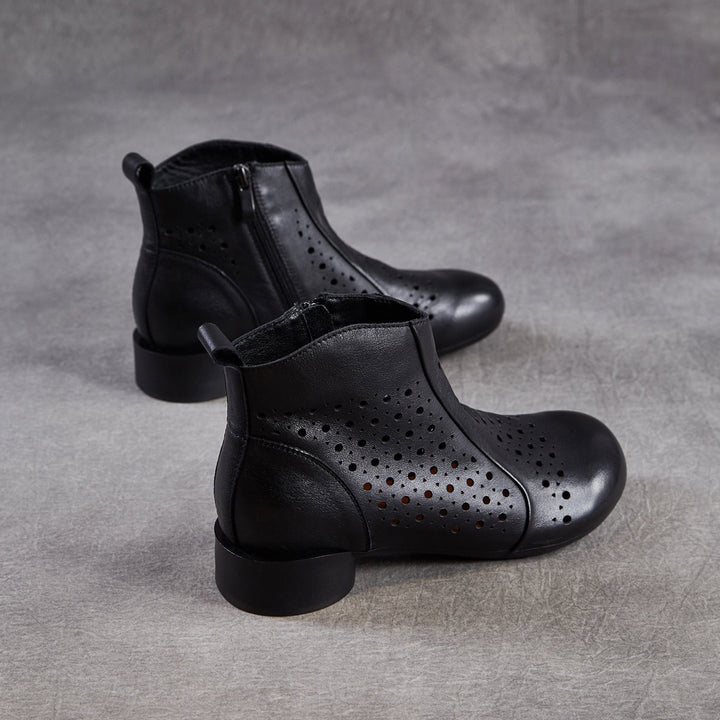 Women’s Summer Breathable Cut-Out Leather Boots – Retro Mid Heel Sandals