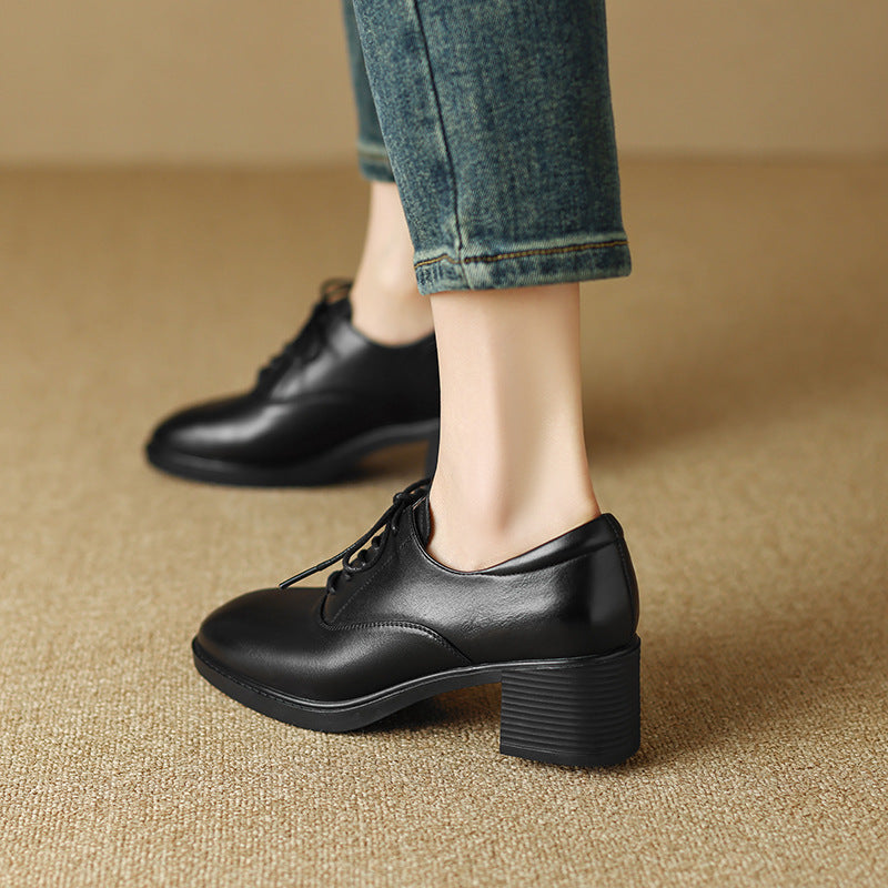 Women's Genuine Leather Oxford Shoes - Block Mid-Heel Lace-Up Design