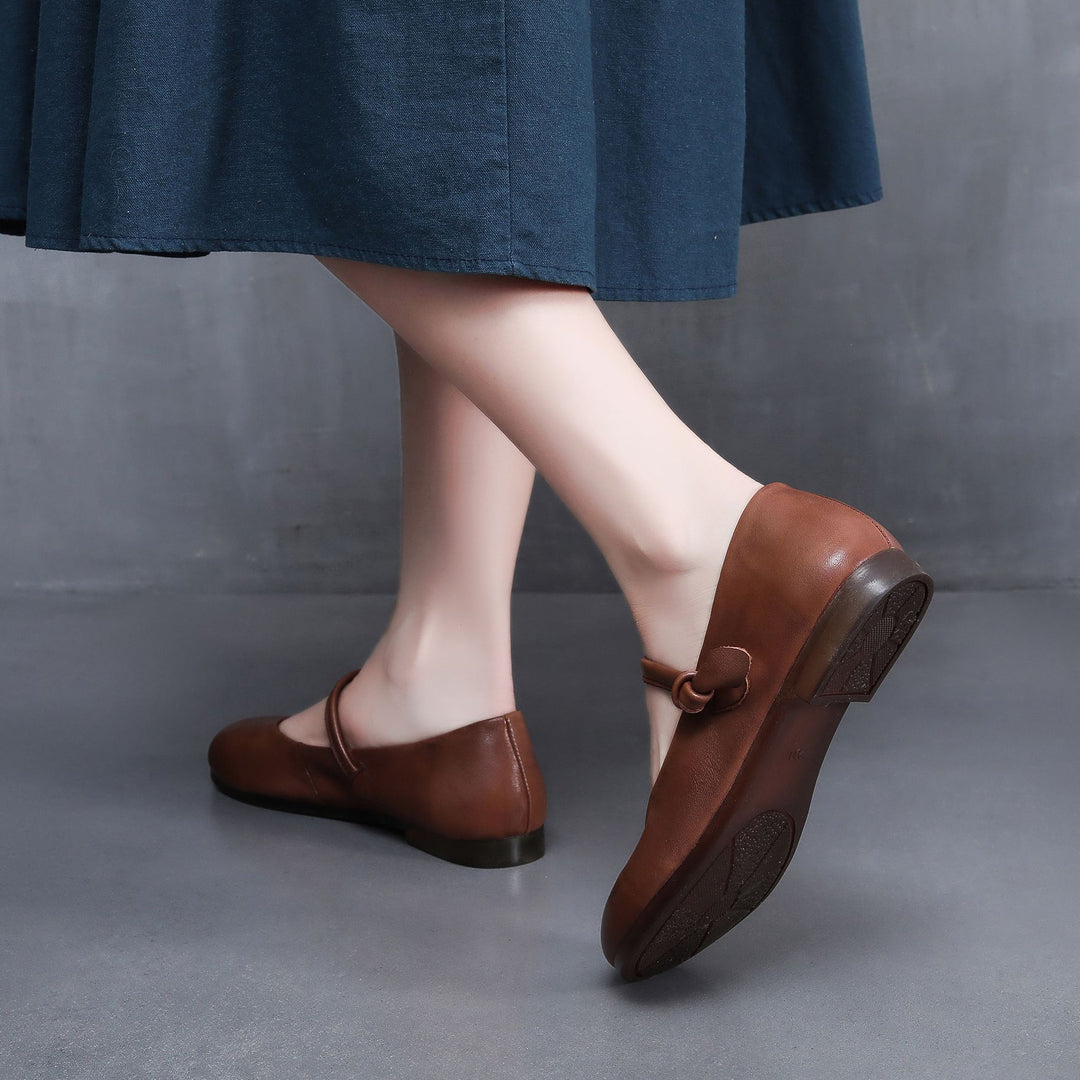 Women's Leather Mary Jane Flats - Vintage Round Toe Slip-On Ballet Flats with Bow Knot Strap Comfort Walking Shoes