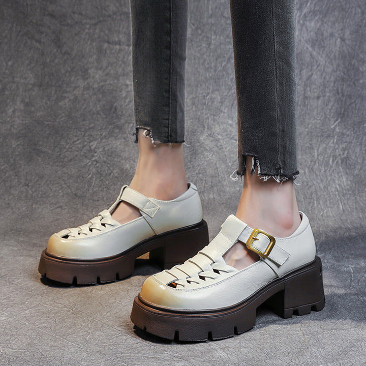 Women's Genuine Leather Fisherman Sandals - Chunky High Heel & Closed Toe Design