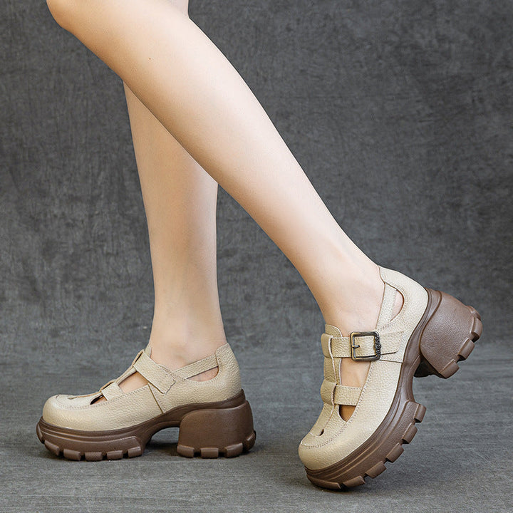 Handmade Leather Platform Sandals - Women's Chunky Round Toe Summer Gladiator Shoes