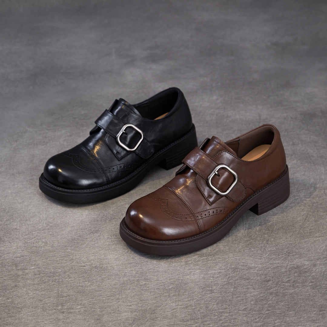Women's Genuine Leather Chunky Platform Monk Strap Loafers Vintage Brogue Slip-on Shoes