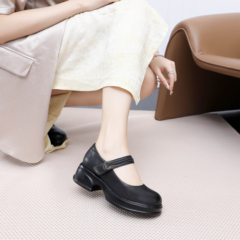 Women's Platform Leather Mary Jane Heels – Chunky Heel Velcro Strap Shoes