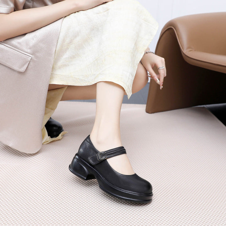 Women's Platform Leather Mary Jane Heels – Chunky Heel Velcro Strap Shoes