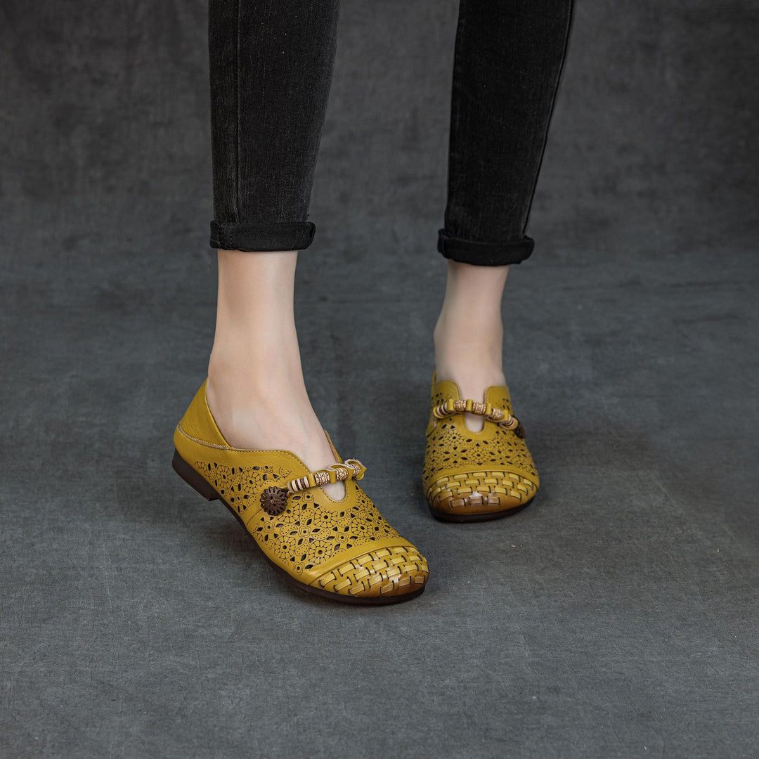 Women's Retro Cutout Leather Loafers Vintage Hollow-out Slip-on Flats