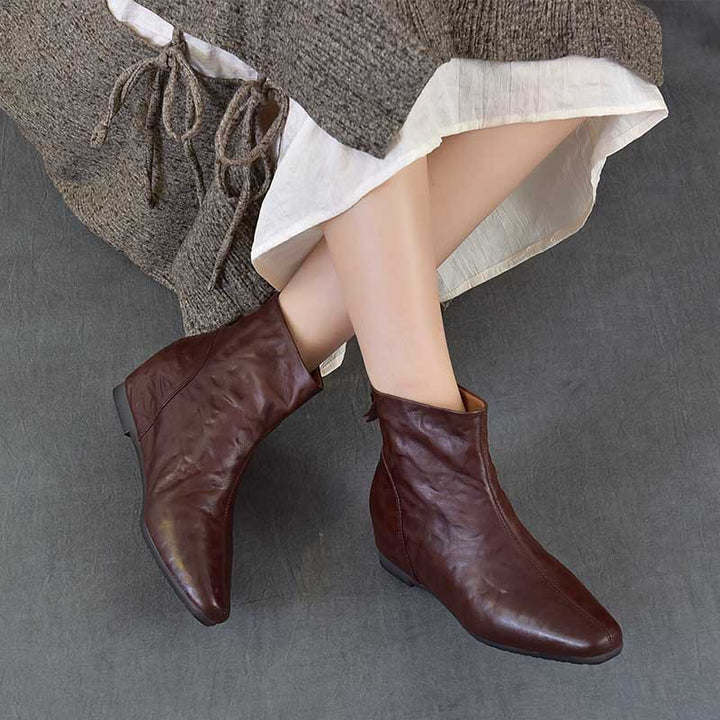 Women's Pointed Toe Top-Grain Leather Wedge Ankle Boots Mid Heel Back Zipper Booties