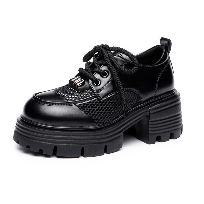 Women's Leather Platform Oxfords - Gothic Lug Sole 7cm Block Chunky High Heel  Lace-Up Shoes