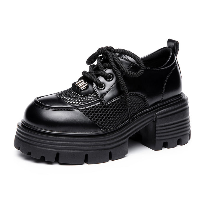 Women's Leather Platform Oxfords - Gothic Lug Sole 7cm Block Chunky High Heel  Lace-Up Shoes