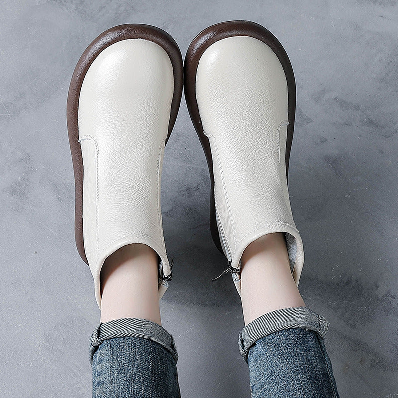 Women’s Leather Round Toe Ankle Boots – Comfortable Low Heel Design