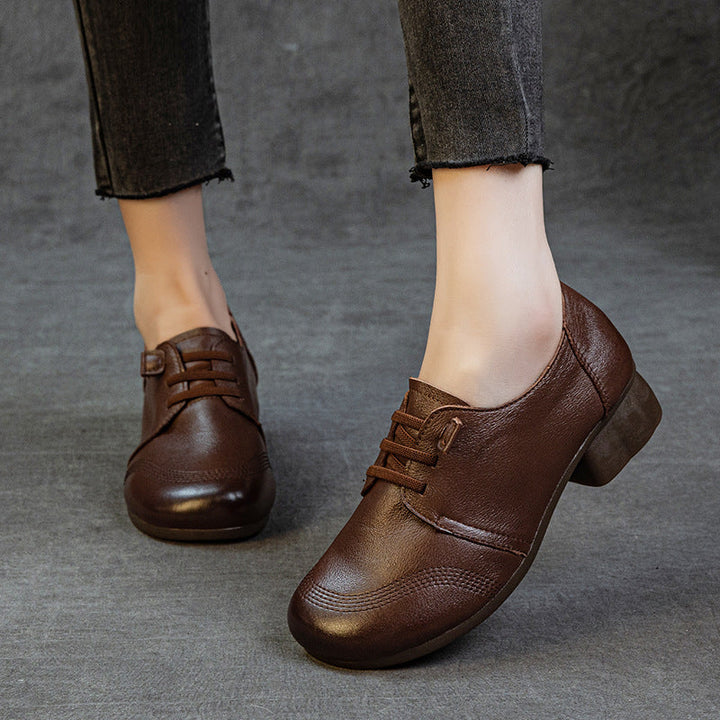 Women's Leather Low Block Heel Lace-Up Casual Shoes