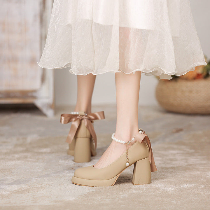 Women's Platform Pump - Block High Heel with Bow & Pearl Details