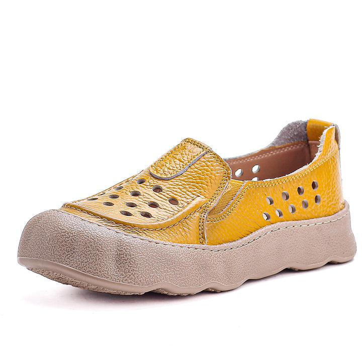 Women's Flats Vintage Hollow-Out Walking Shoes Leather Summer Loafers Retro Slip-On Platform Shoes