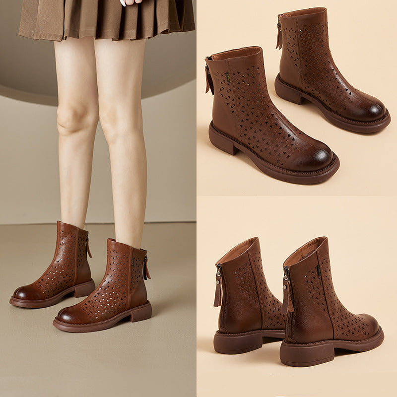 Women‘s Retro Ankle Summer Sandals Boots Vintage Round Toe Cutout Perforated Chunky Heels