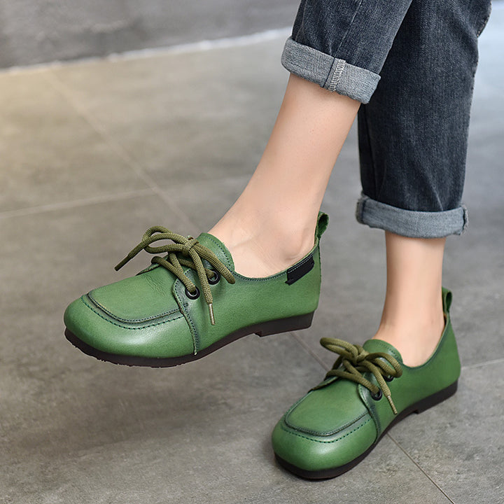 Women's Soft Leather Casual Flats – Comfortable Lace-Up Shoes