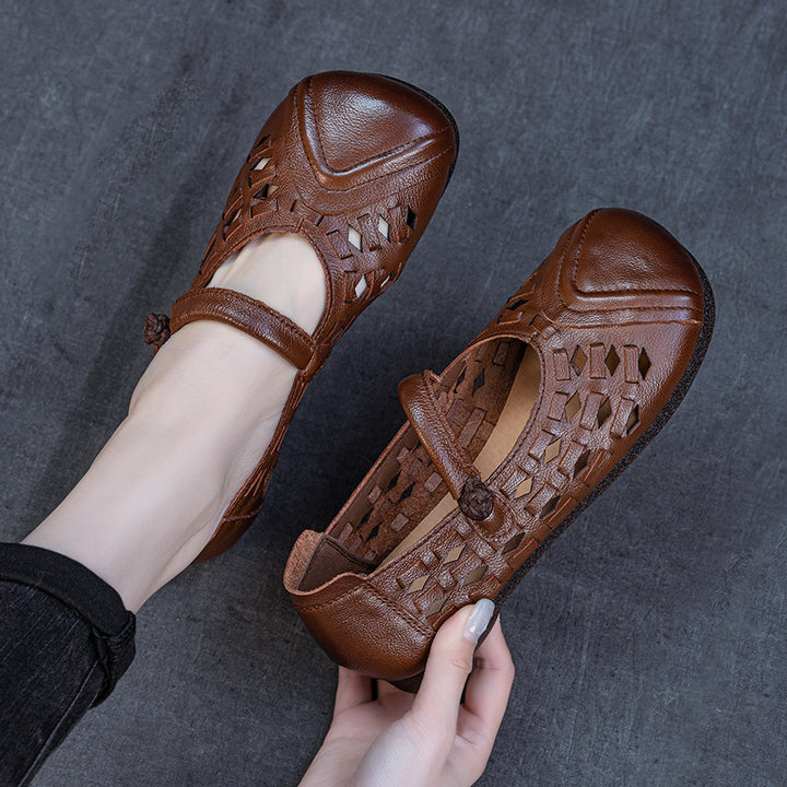 Women's Retro Woven Mary Jane Flats Vintage Leather Cutout Fisherman Sandals