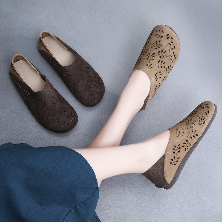 Women's Leather Loafers - Cut-Out Leaf Perforated Flat Sandals Casual Slip-On Summer Shoes